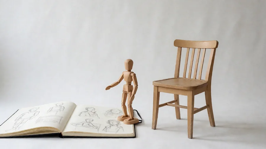 小野六花成人主题作品作品整理配图;素描本、木制绘画人偶与空椅